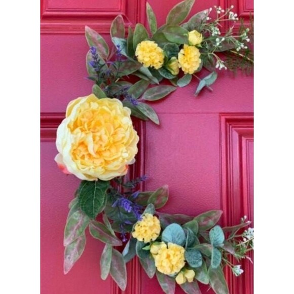 Floral Hoop Wreath: Yellow Farmhouse Decor, Gold Metal Wire - Picture 2 of 3